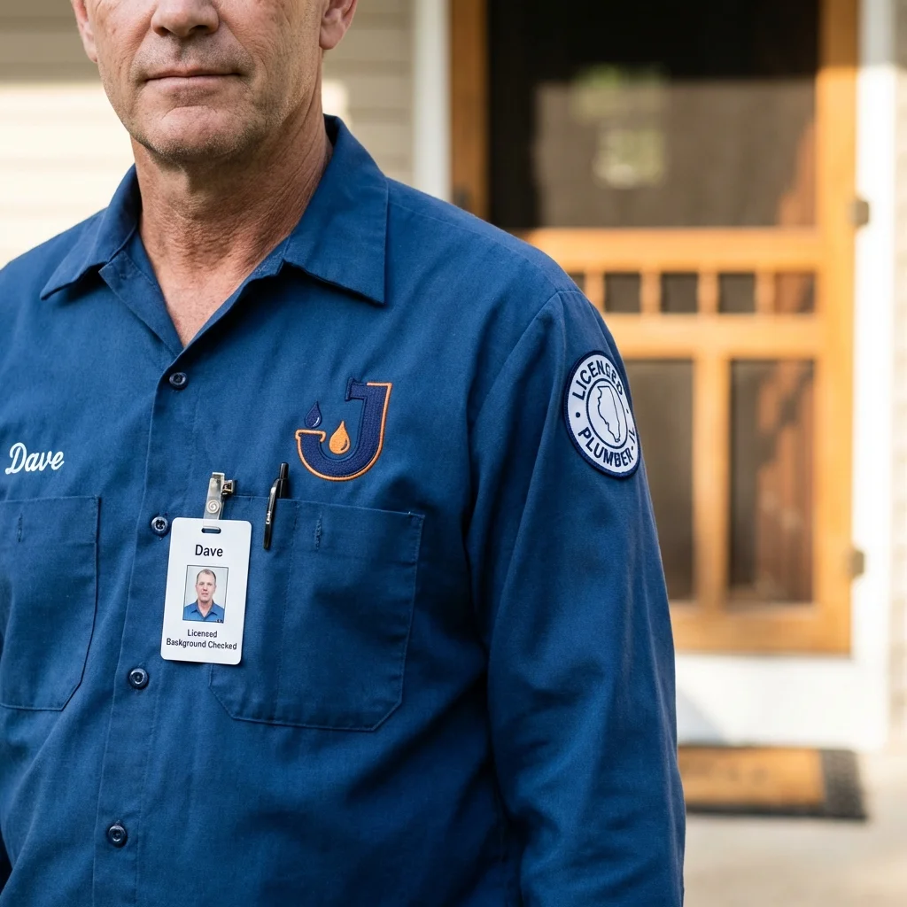 Licensed plumber showing ID badge in West Des Moines, IA
