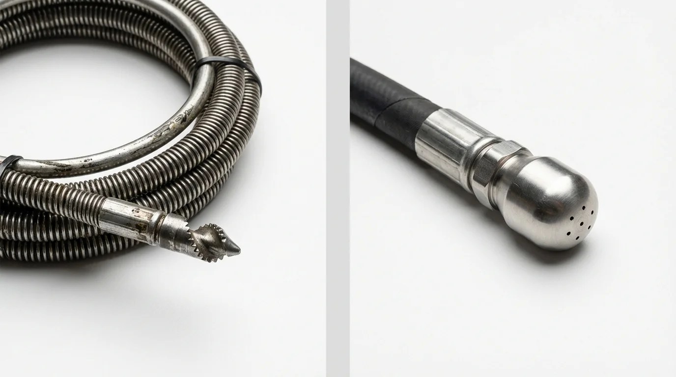 Drain snake cable and hydro jetting nozzle used for drain cleaning in West Des Moines, IA