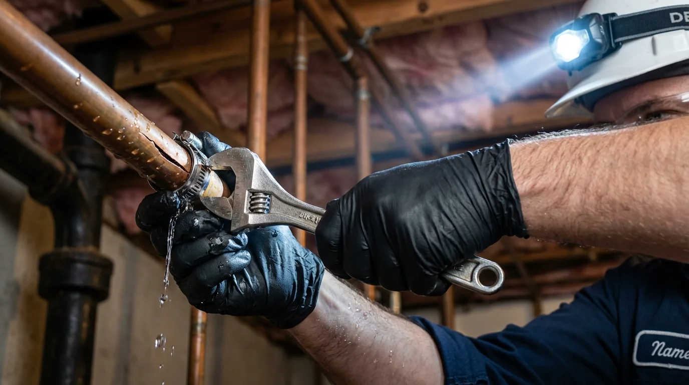 Emergency pipe clamp repair being performed by a Johns Plumbing LLC plumber in West Des Moines
