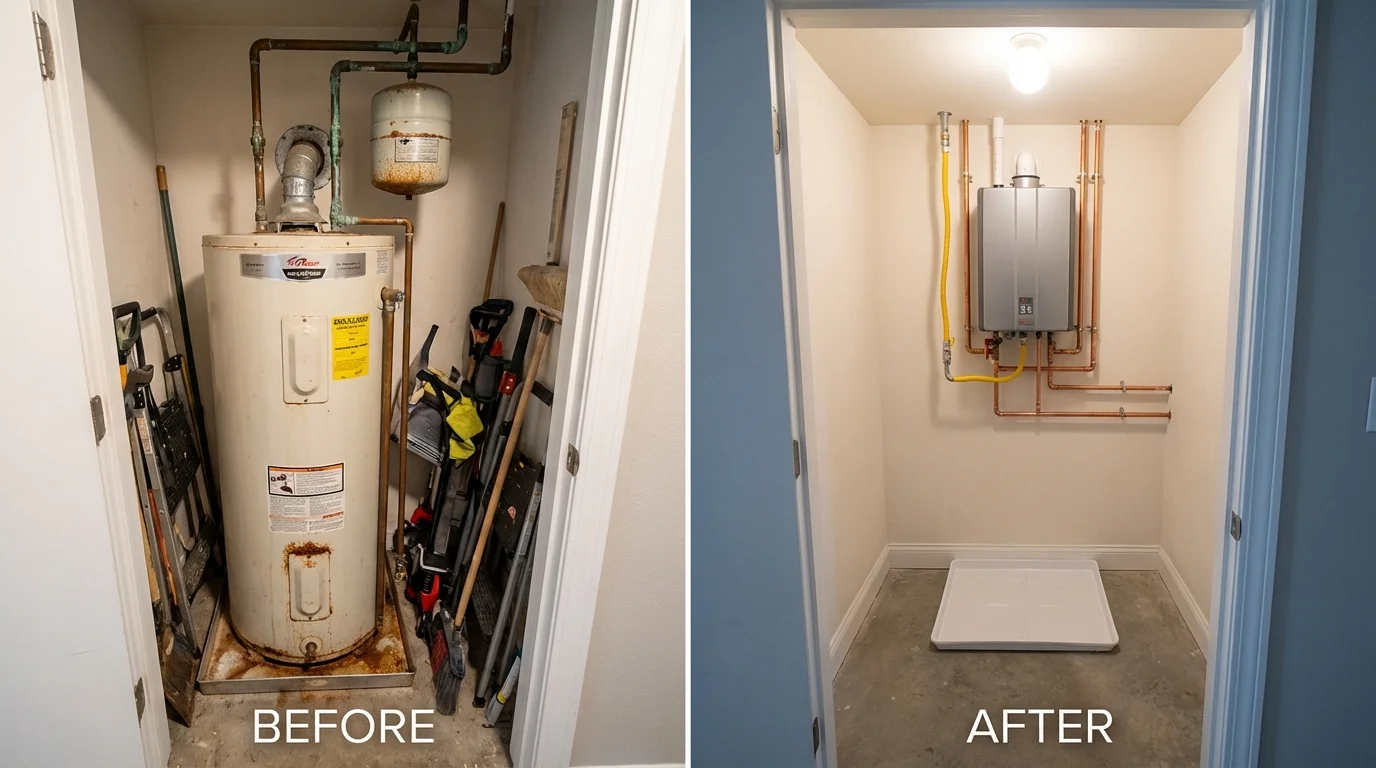 Tank water heater versus wall-mounted tankless unit comparison for West Des Moines, IA homeowners