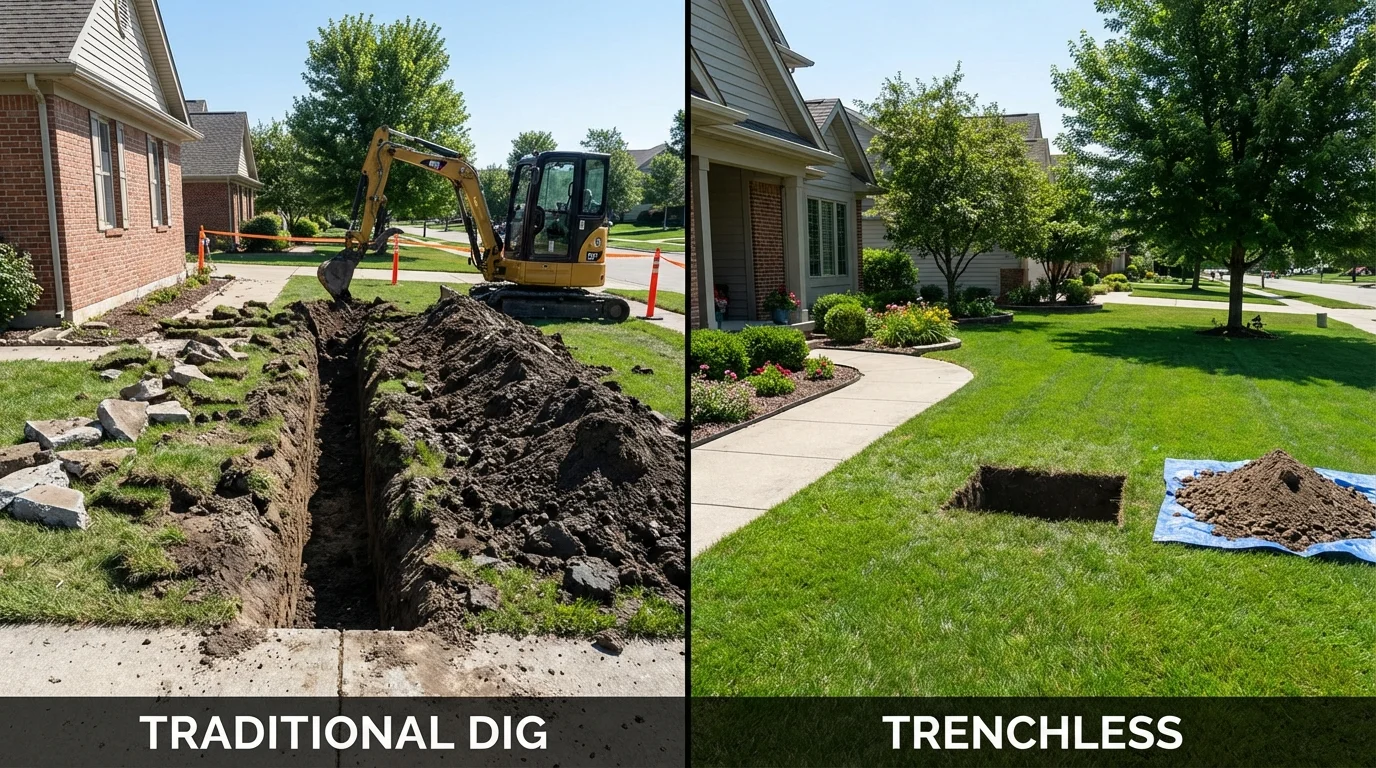 Trenchless sewer repair with minimal yard damage versus traditional excavation in West Des Moines, IA