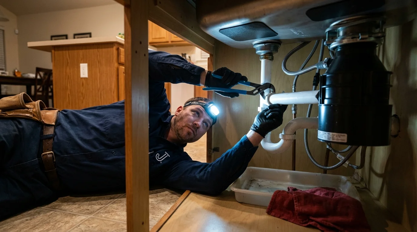P-trap and supply line connections under a kitchen sink showing a common leak point in West Des Moines, IA